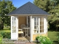 Preview: Gartenpavillon Louise farbig behandelt und mit Dachschindeln als Zubehör.