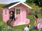 Preview: Spielhaus Sam aus Holz mit Terrasse vom Kunden farbig behandelt.