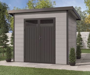 Preview: WPC-Gerätehaus Vitale 2420 19 Preview: WPC-Pultdach Gartenhaus Vitale 2420 19 in hellgrau von Wolff Finnhaus.